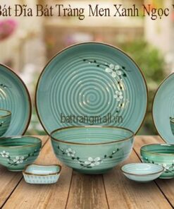 Bộ Bát Đĩa men xanh, vẽ Hoa Đào trắng