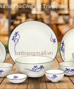Bộ Bát Đĩa Sứ men trắng, vẽ Hoa Sen xanh