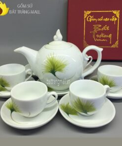 Ấm chén Sứ trắng Bát Tràng vẽ cành Cọ