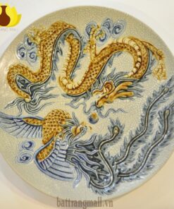 Mâm bồng Rồng Phượng đắp nổi, men rạn