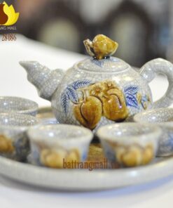 Bộ Trà cúng, quả Đào đắp nổi, men rạn