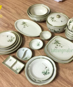 Bát Đĩa Bát Tràng men xanh ngọc vẽ Đào Chuồn