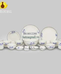 Bộ Bát Đĩa Sứ men trắng, vẽ Hoa Sen xanh