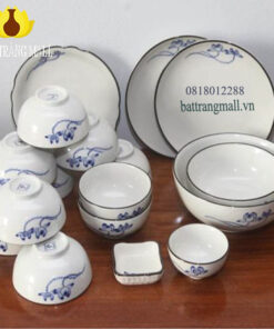 Bộ Bát Đĩa Sứ men trắng, vẽ Hoa Sen xanh