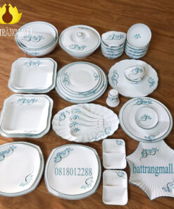 Bộ Bát Đĩa Sứ men trắng, vẽ Hoa Sen xanh