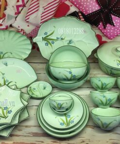 Bát đĩa Bát Tràng men xanh ngọc vẽ Đào Chuồn.
