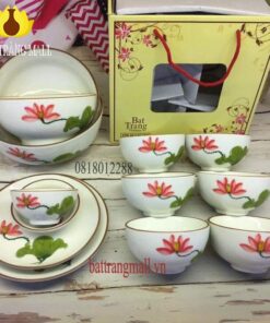 Bát đĩa Bát Tràng men kem vẽ hoa Sen hồng.