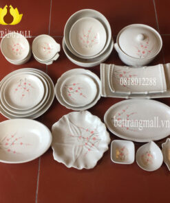 Bát Đĩa Bát Tràng men kem vẽ hoa Đào, 24 món.