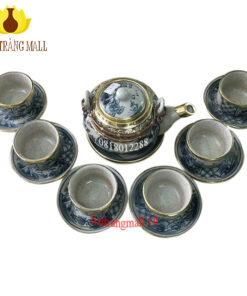 Ấm chén men rạn hoa văn cổ bọc đồng vàng.