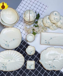 Bát Đĩa hoa Đào xanh men kem Gốm Sứ Bát Tràng chất lượng cao.